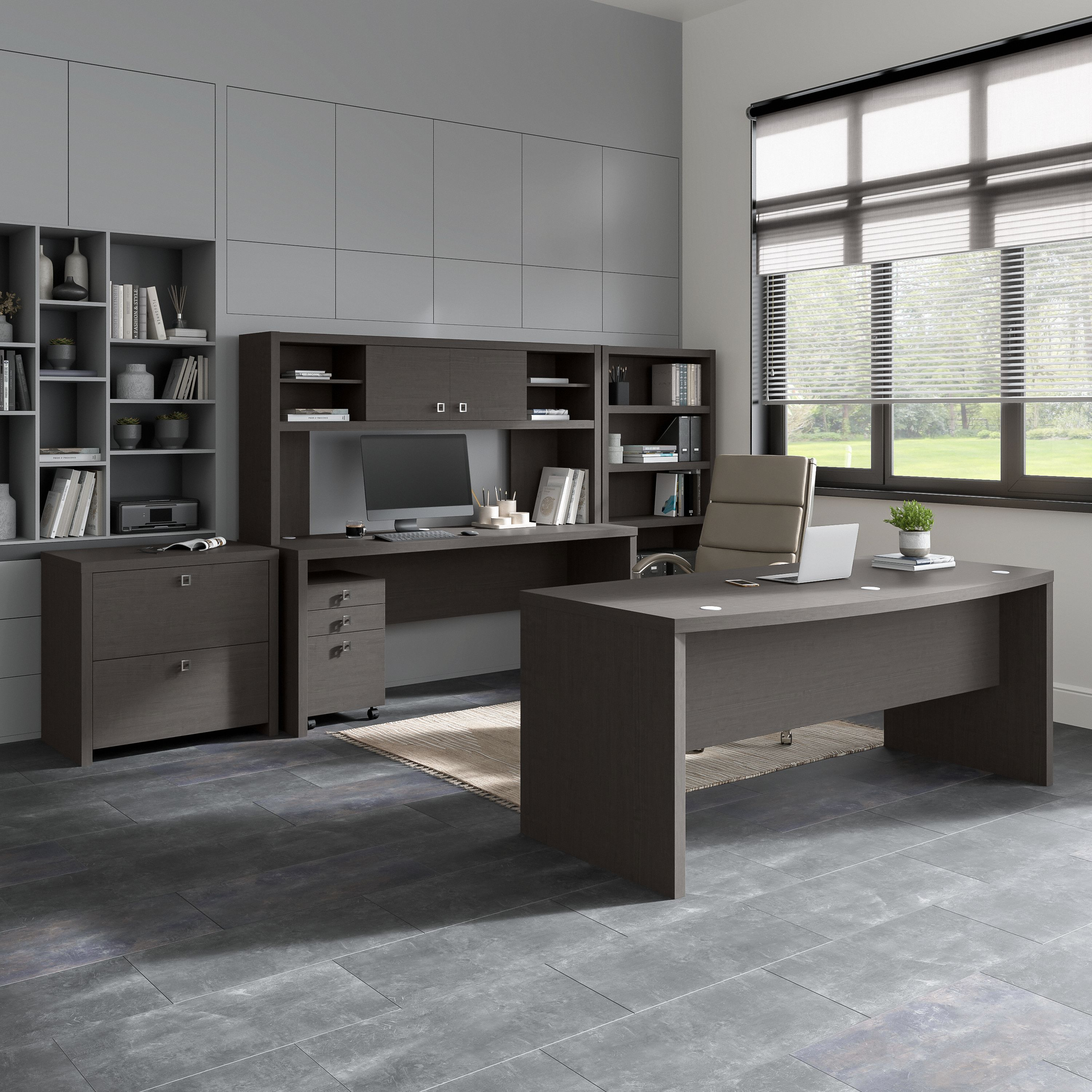 Shop Bush Business Furniture Echo 72W Bow Front Desk Set with Credenza, Hutch and Storage 01 ECH055CM #color_charcoal maple