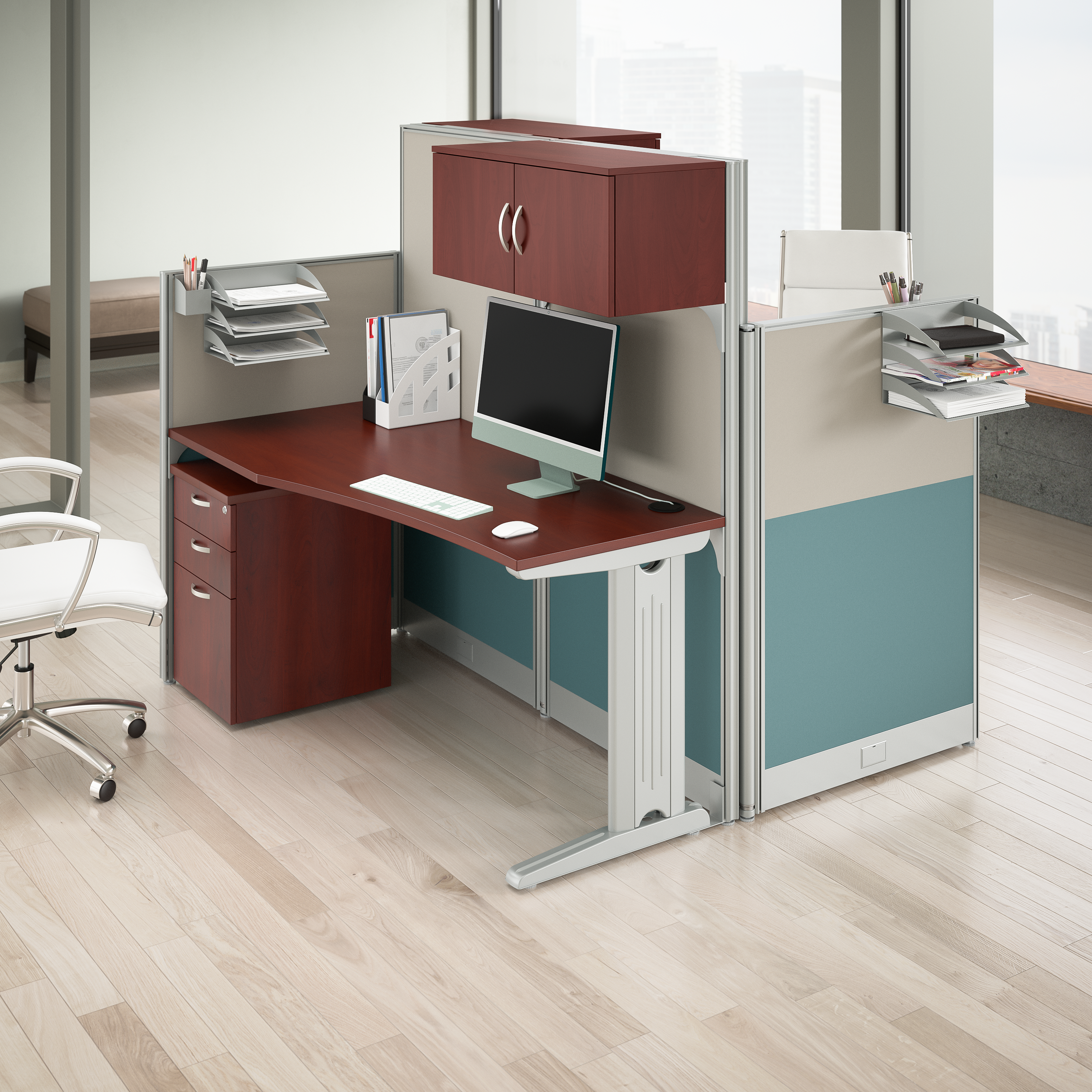 Shop Bush Business Furniture Office in an Hour 2 Person Straight Cubicle Desks with Storage, Drawers, and Organizers 03 OIAH005HC #color_hansen cherry