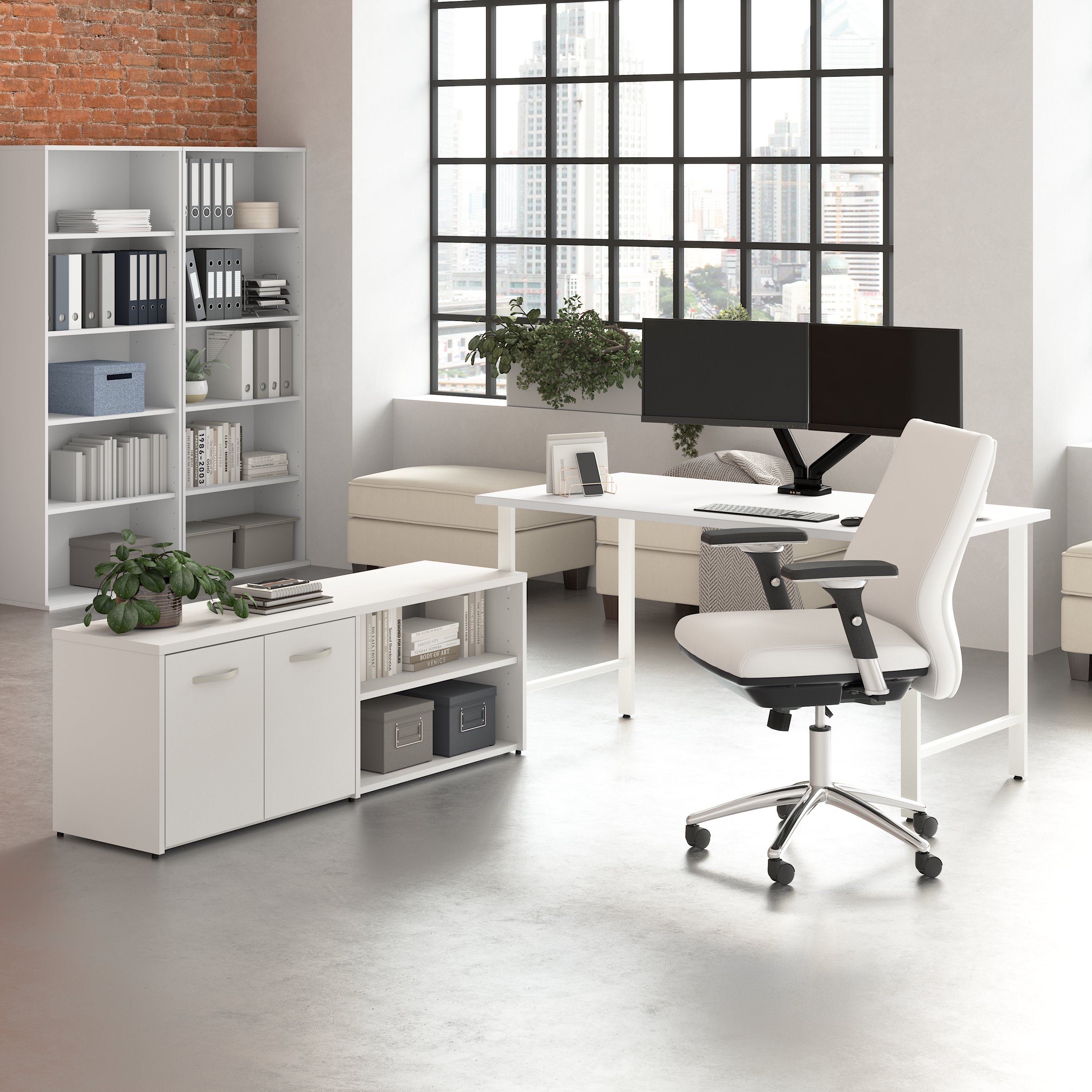 Shop Bush Business Furniture Hustle 60W x 30D Computer Desk and Low Storage Cabinet with Doors and Shelves 01 HUS011WH #color_white
