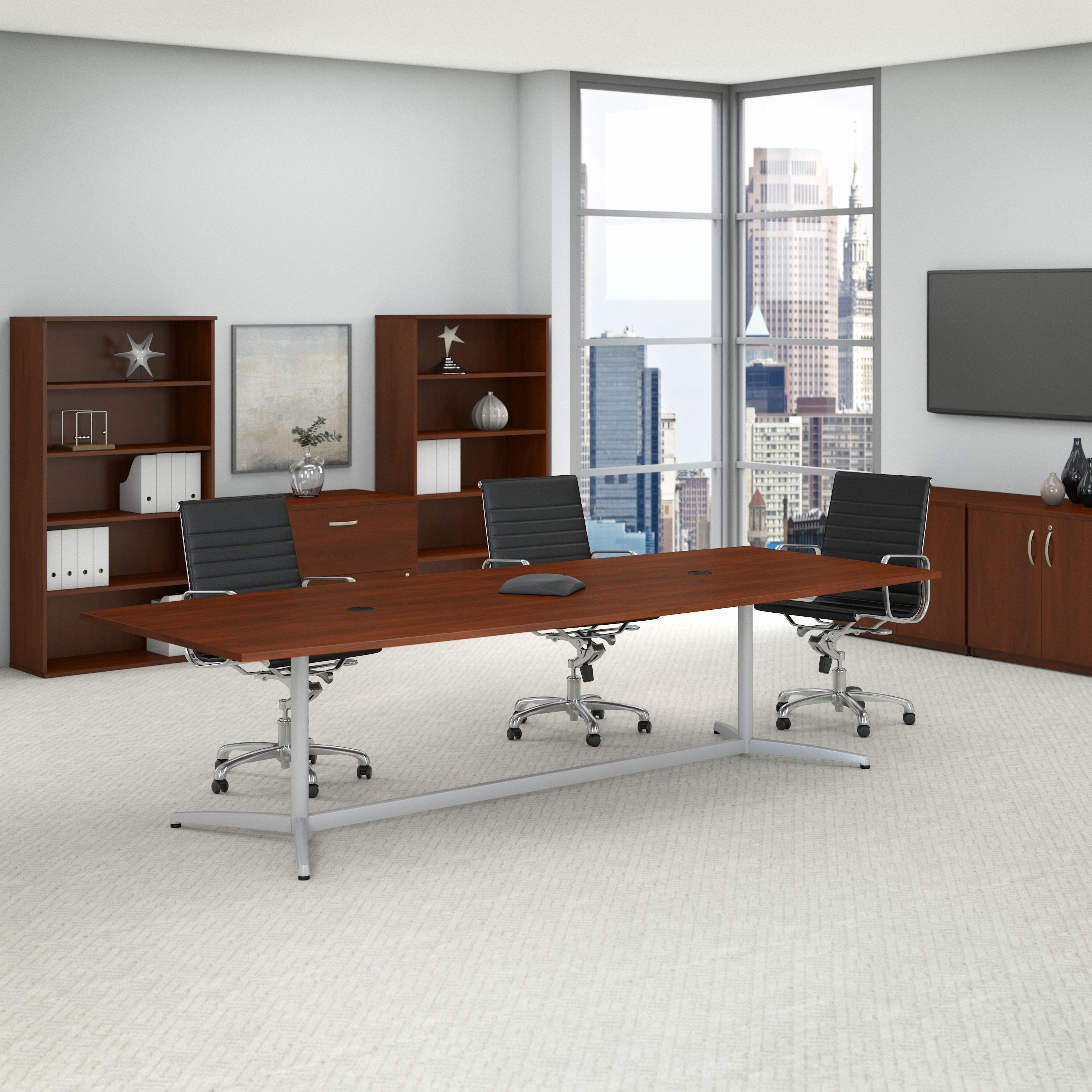 Shop Bush Business Furniture 120W x 48D Boat Shaped Conference Table with Metal Base 01 99TBM120HCSVK #color_hansen cherry