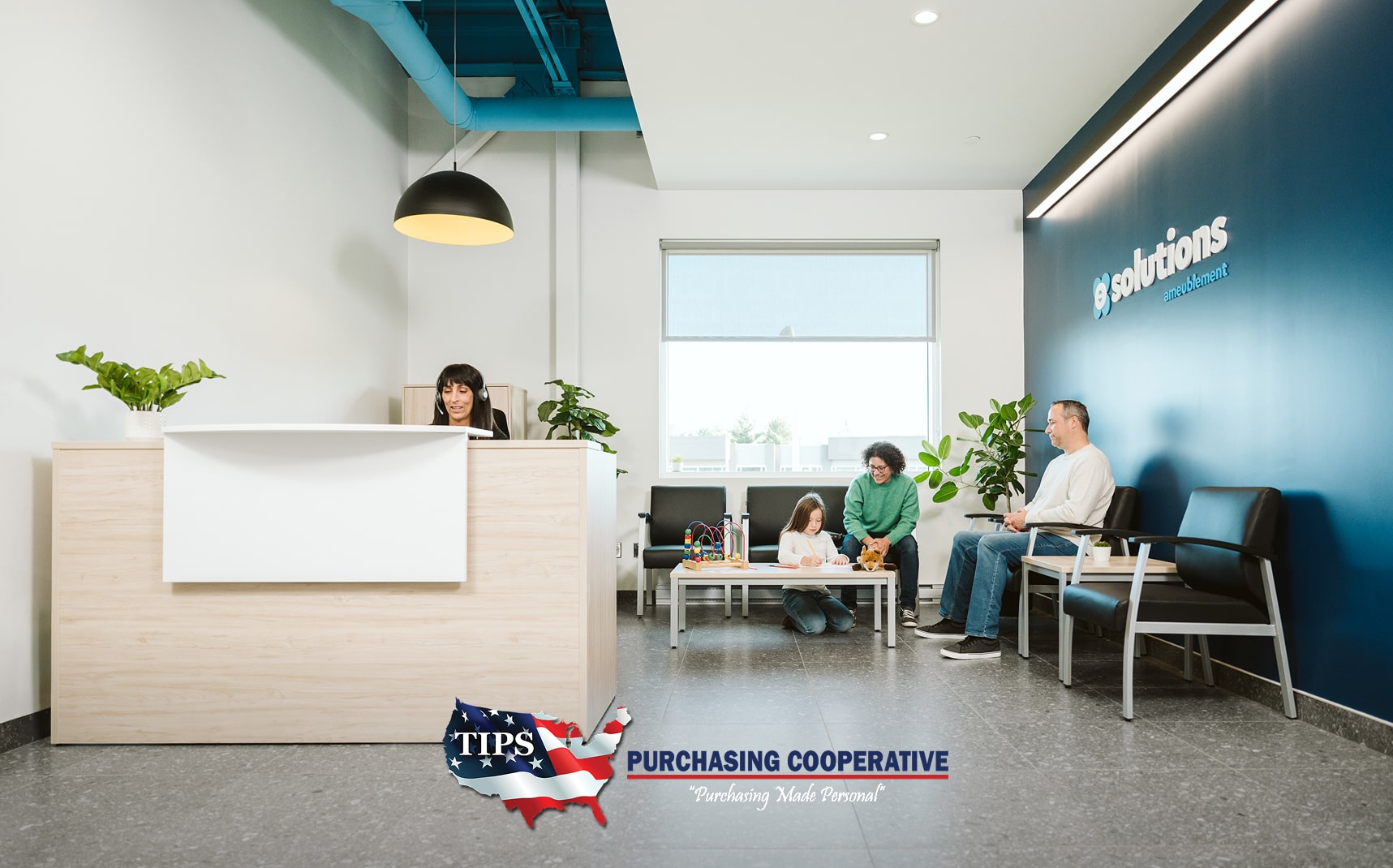 Modern office waiting area with people sitting and a reception desk.