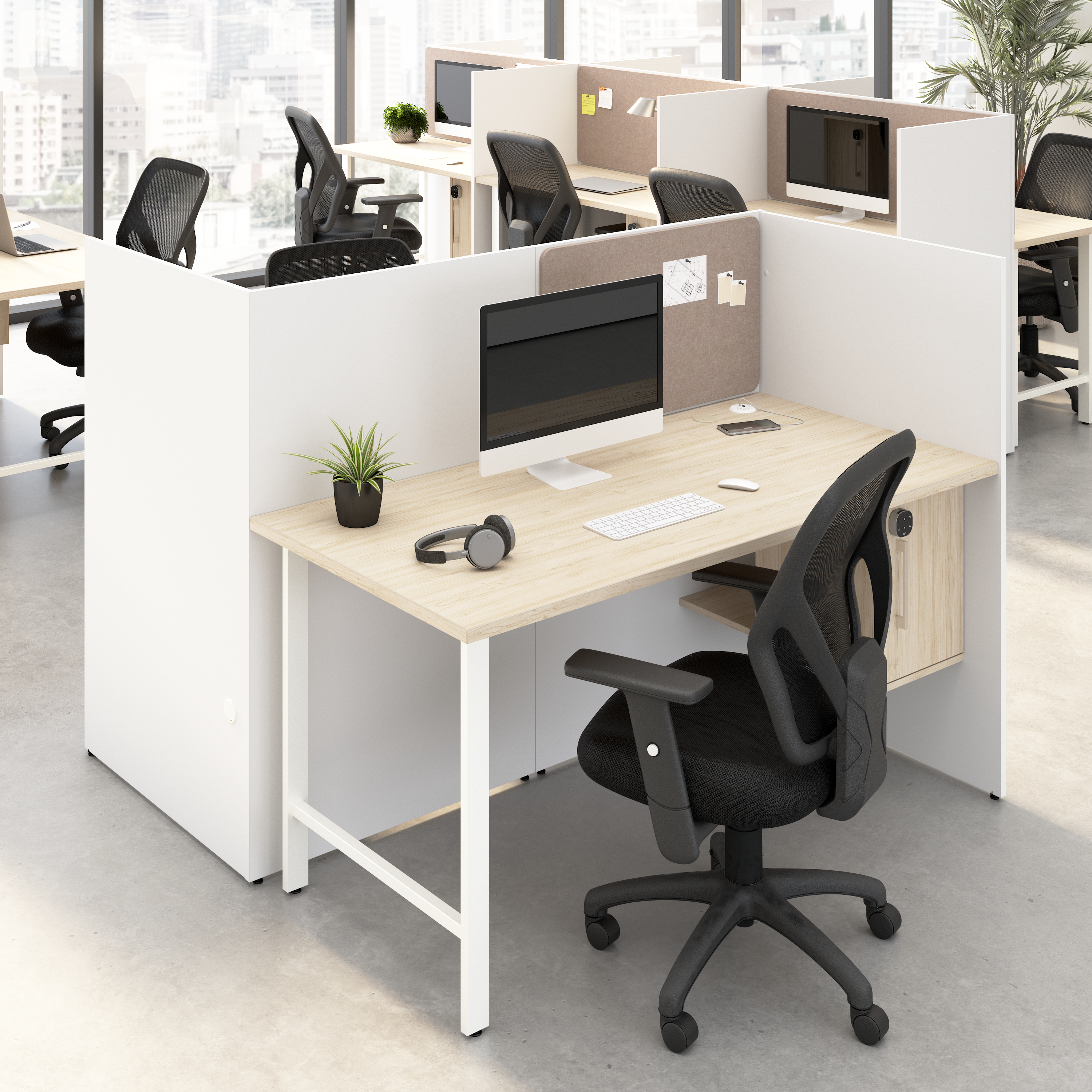 Shop Hustle 60-inch 2 Person Office Cubicles with Locking Storage Cabinet HUS032WHNE 2 #color_white/natural elm