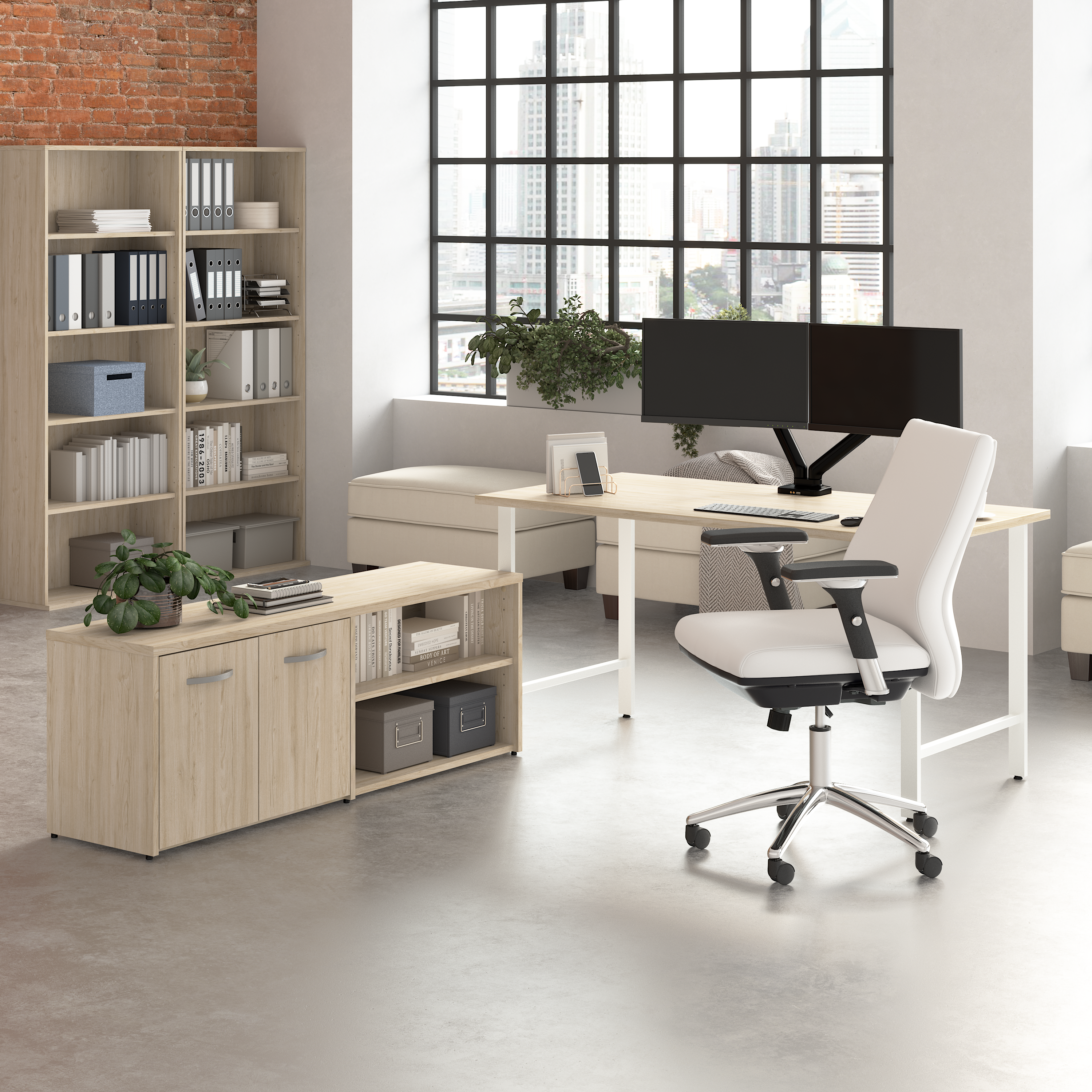 Shop Bush Business Furniture Hustle 60W x 30D Computer Desk and Low Storage Cabinet with Doors and Shelves 01 HUS011NE #color_natural elm