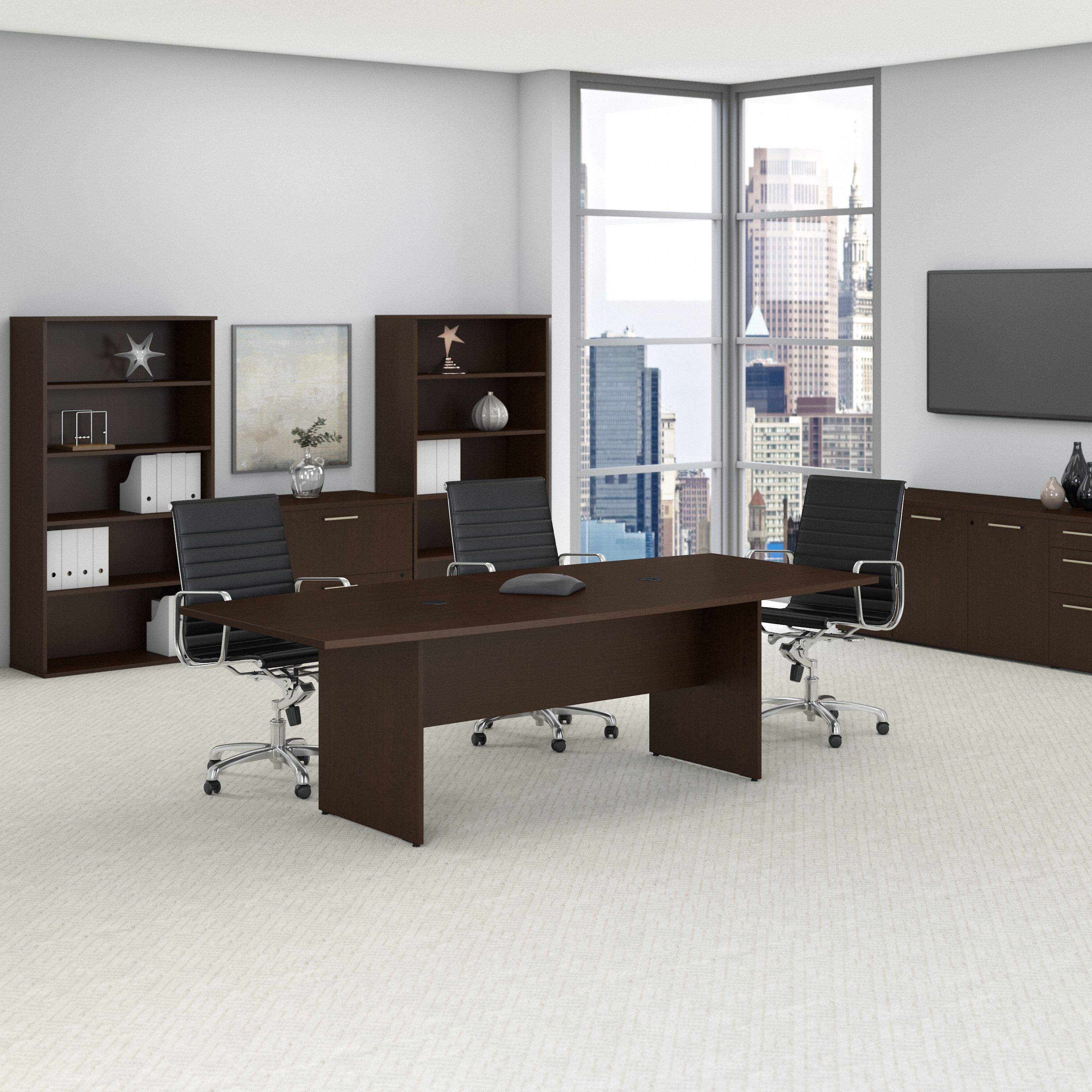 Shop Bush Business Furniture 96W x 42D Boat Shaped Conference Table with Wood Base 01 99TB9642MRK #color_mocha cherry