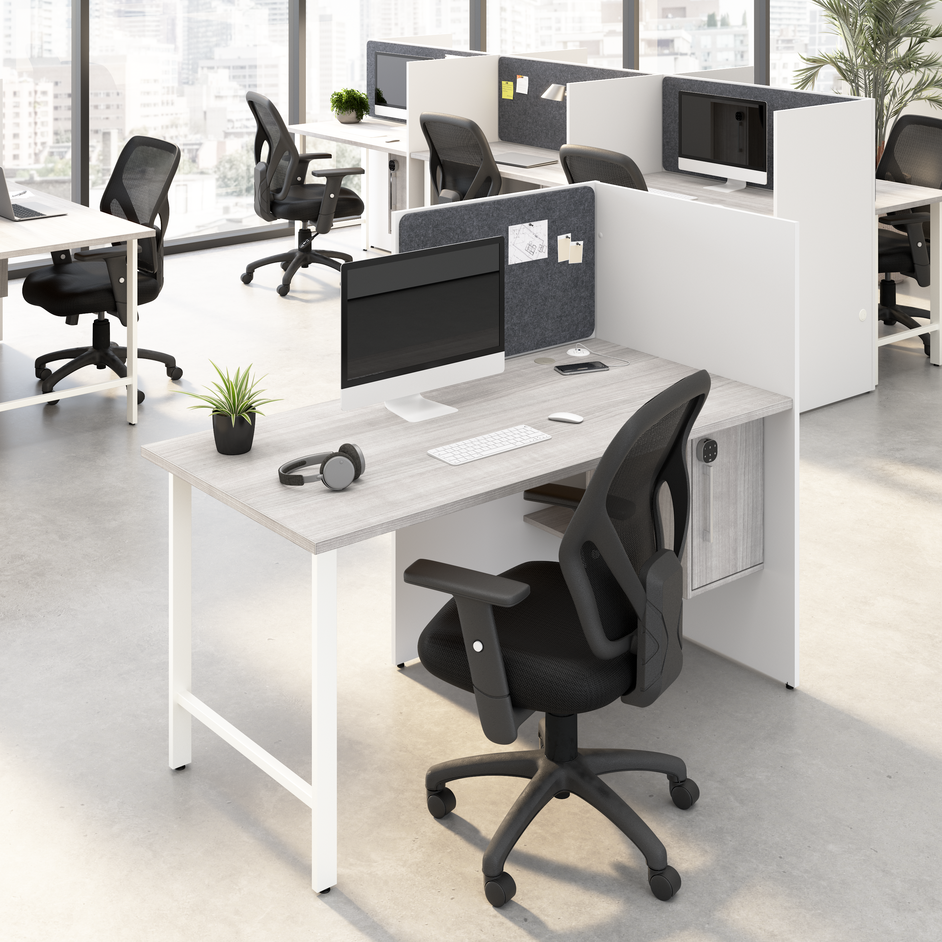 Shop Hustle 60-inch Cubicle Desk for Office with Locking Storage Cabinet HUCB260WHPG 2 #color_white/platinum gray