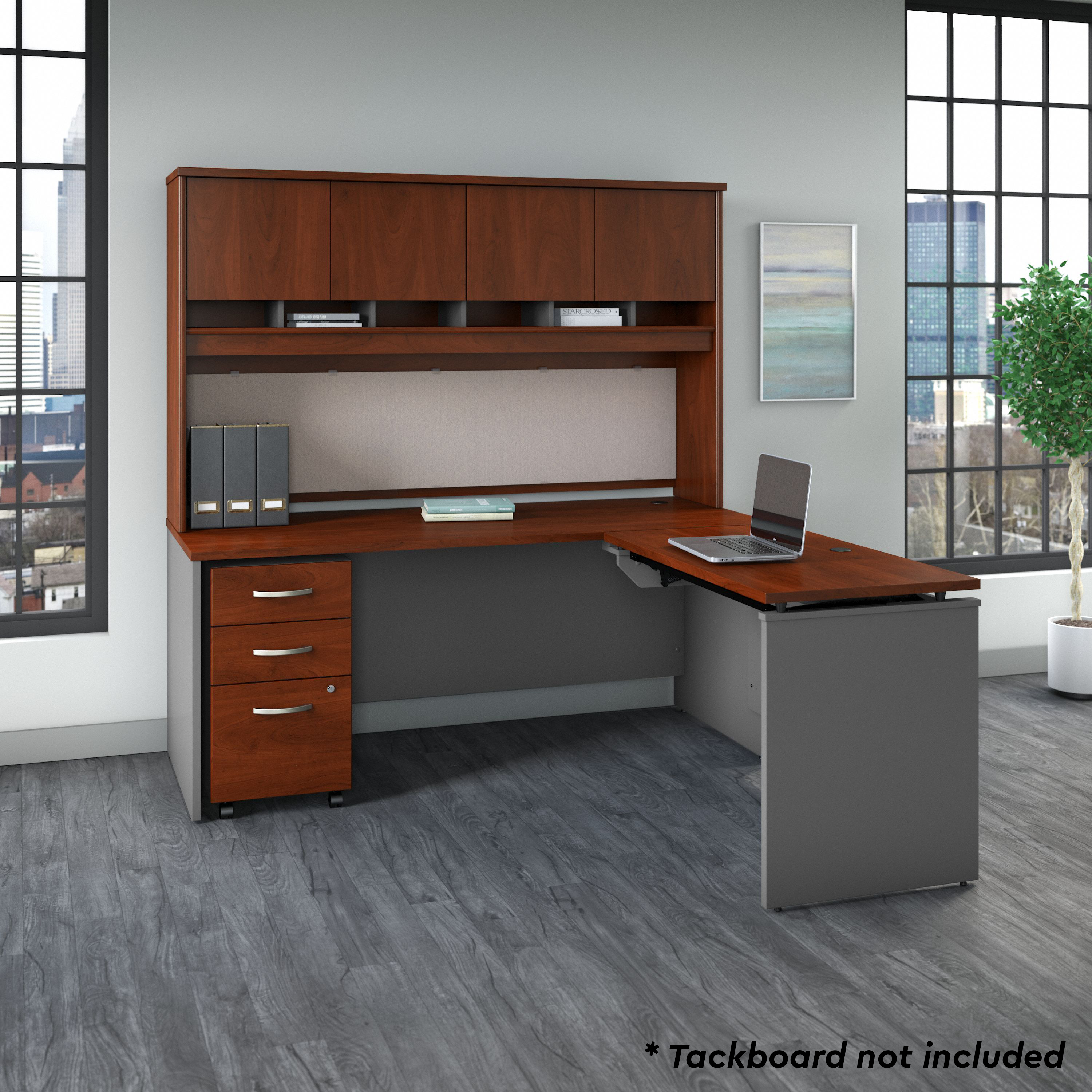 Shop Bush Business Furniture Series C 72W x 30D 3 Position Sit to Stand L Shaped Desk with Hutch and Mobile File Cabinet 03 SRC124HCSU #color_hansen cherry/graphite gray